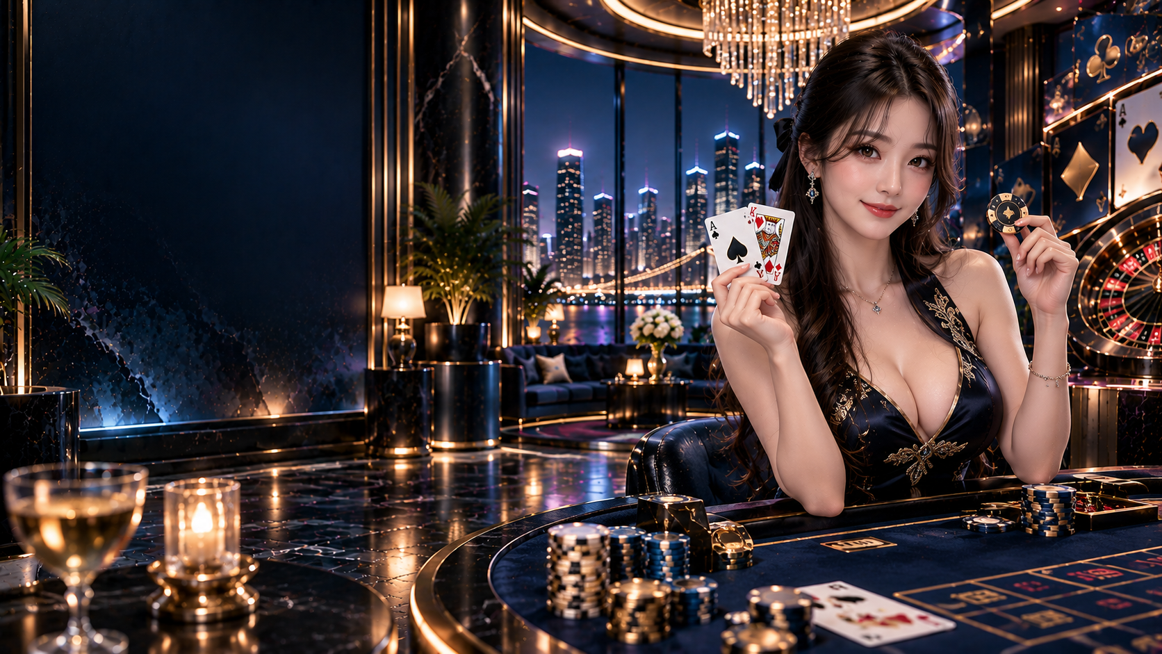 GOBETASIA navy gold casino girl banner